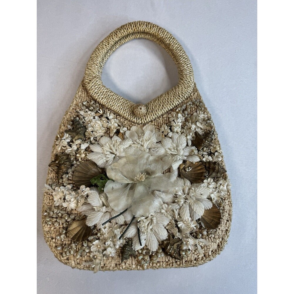Vintage Raffia Purse / handbag with shells & flowers Made in Japan